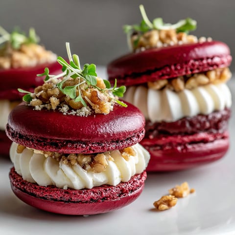Two red macarons with white cream and walnuts.