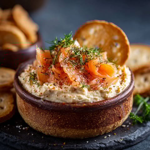 A bowl of smoked salmon mousse with crackers.