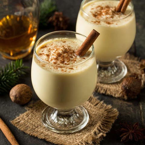 Two glasses of eggnog with cinnamon sticks in them.