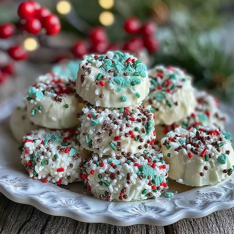 A plate of cream cheese mints with Christmas decorations in the background.