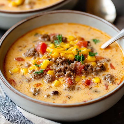 A bowl of creamy cowboy soup with meat and vegetables.