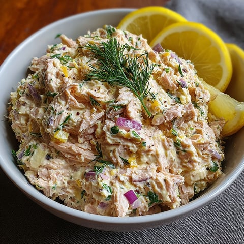 A bowl of tuna salad with lemon wedges on top.