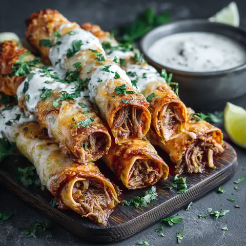 A plate of cheesy pulled pork taquitos with chipotle ranch dressing.