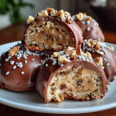 Chocolate covered walnut balls on a plate.