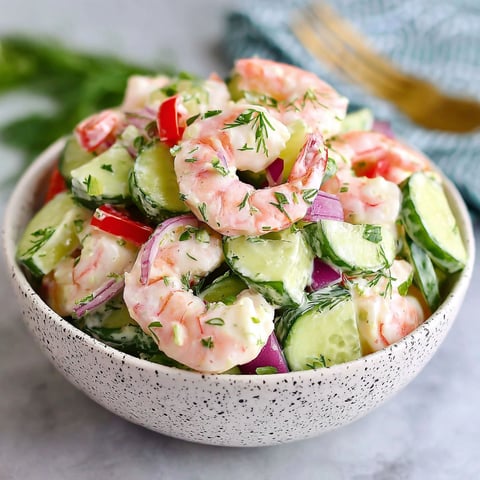 A bowl of cucumber shrimp salad.