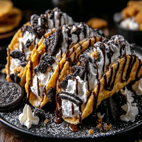A plate of Oreo crunch cheesecake tacos with chocolate drizzle.