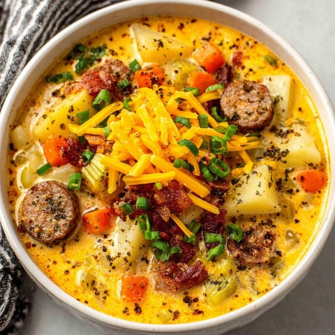 A bowl of soup with sausage and cheese.