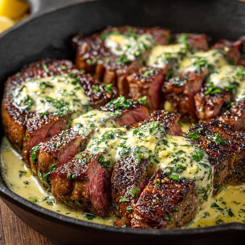 A close up of a piece of meat with garlic butter and parmesan cream sauce.
