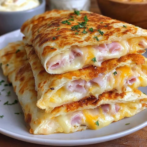 A stack of ham and cheese sandwiches.