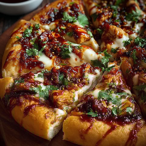 A pizza with chili and garlic sauce on it.