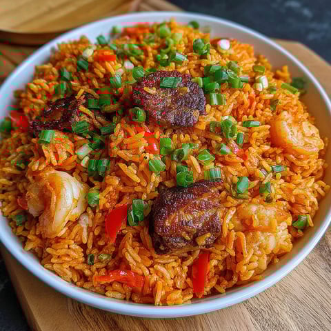 A bowl of rice with meat and peppers.
