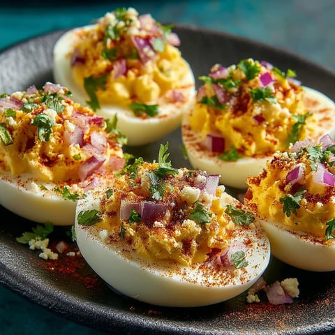 A plate of deviled eggs with a smoky elote topping.