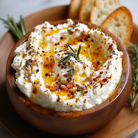 A bowl of spicy ricotta dip with hot honey.