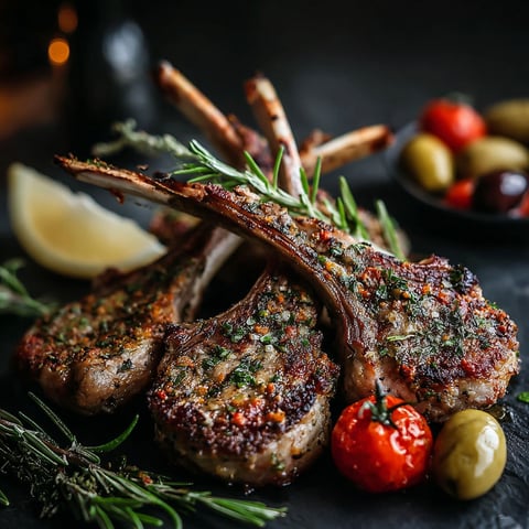 A plate of meat with herbs and vegetables.