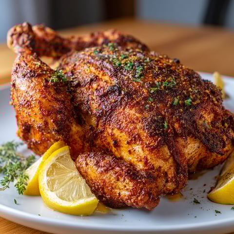 A plate of chicken with lemon and herbs.