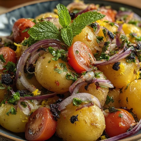 A plate of potatoes with onions and mint.