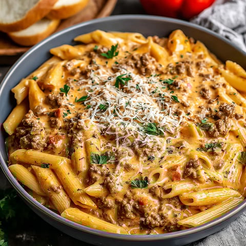 A bowl of pasta with meat and cheese.