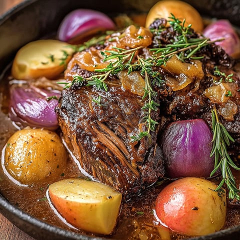 A delicious looking meal of braised beef shoulder with onions and potatoes.