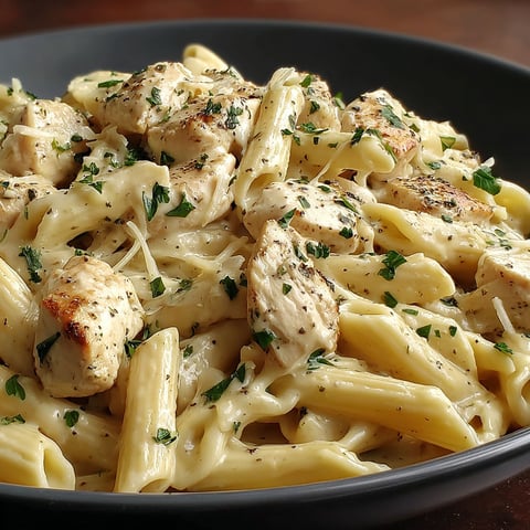 A bowl of pasta with chicken and herbs.