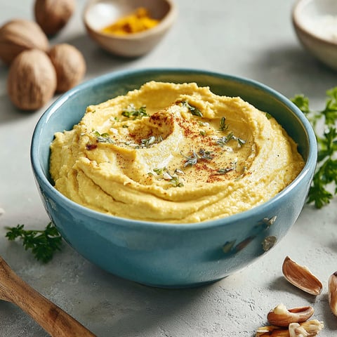 A bowl of dip with a spoon in it.