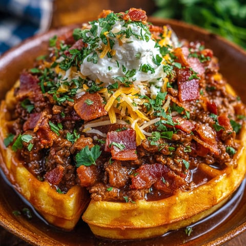 A delicious looking Maple Bacon Bourbon Chili On Cornbread Waffle.