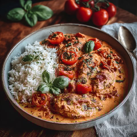 A plate of food with rice and tomatoes.