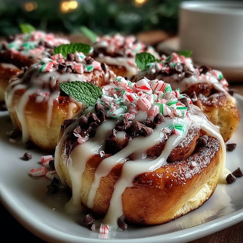 Three cinnamon rolls with white frosting and green mint sprinkles.