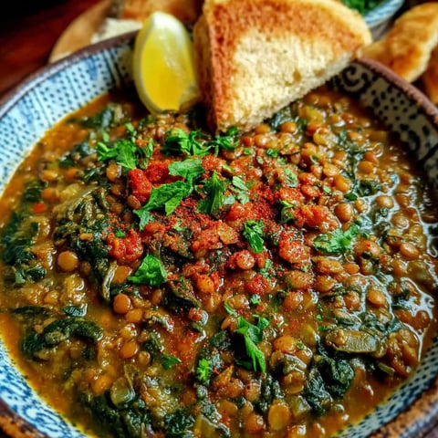 A bowl of soup with a slice of lemon on top.