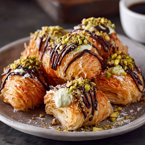 A plate of pistachio kunafa crookies.