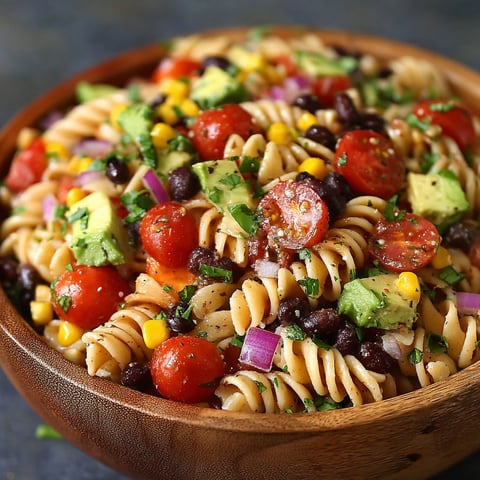 A bowl of pasta salad with tomatoes, corn, and black beans.