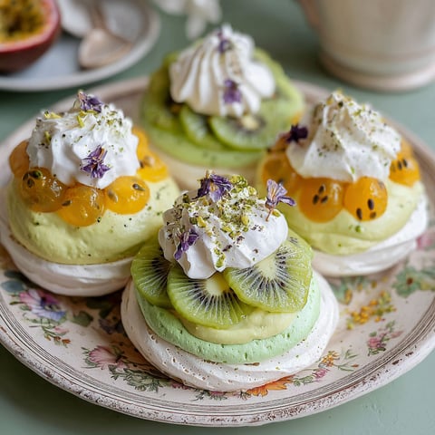 Three mini pavlovas with kiwi custard and matcha whipped cream.