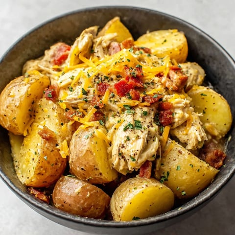 A bowl of chicken and potatoes.