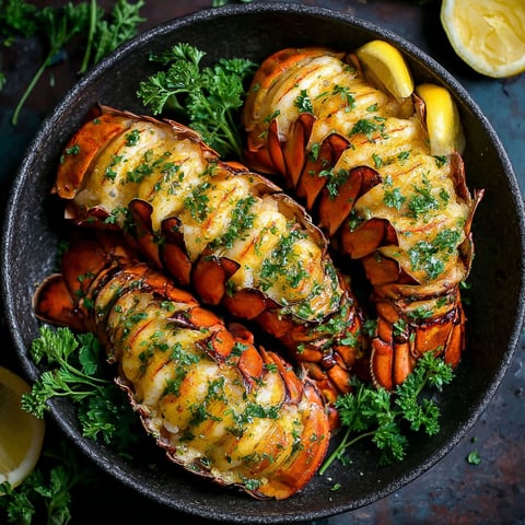 A bowl of lobster tails with herbs and lemon.