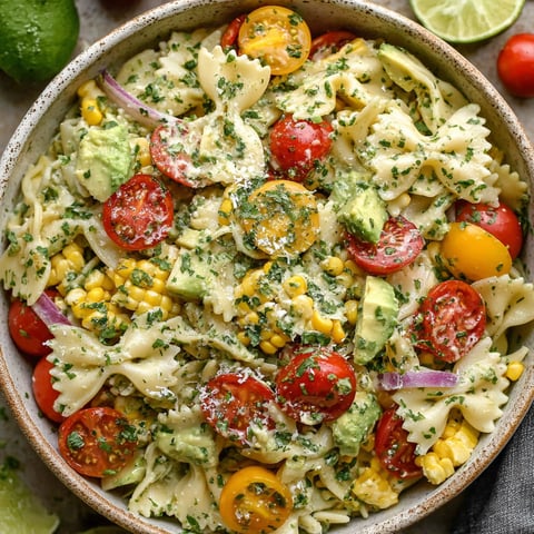 A bowl of pasta salad with tomatoes, corn, and cilantro.