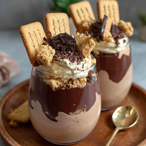 Two glasses of chocolate mousse with cookies on top.