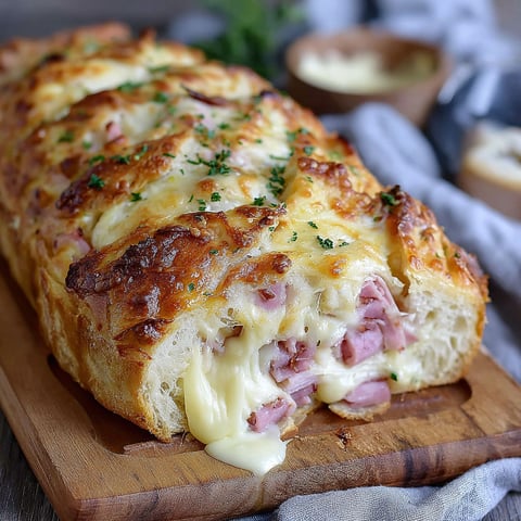 A slice of bread with cheese and ham on it.