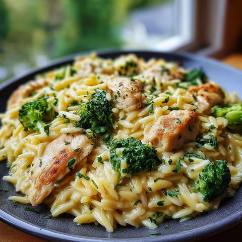 A plate of creamy chicken, broccoli and orzo.