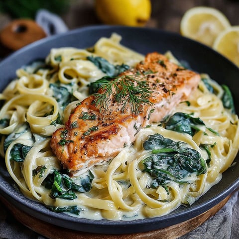 A bowl of pasta with salmon and spinach.