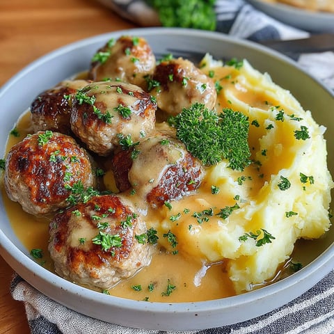 A plate of meatballs and mashed potatoes.