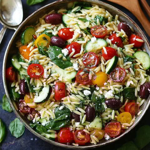 A bowl of orzo salad with tomatoes, cucumbers, and olives.