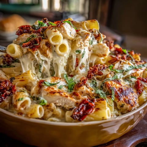 A delicious pasta dish with chicken and cheese.
