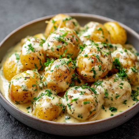 A bowl of baby potatoes with garlic sauce.