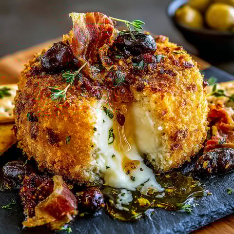 A gourmet appetizer with crispy fried brie, pepper honey, warm lemons, herb olives and prosciutto.