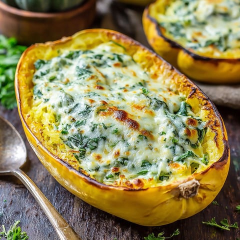 A close up of a cheesy garlic parmesan spinach spaghetti squash.
