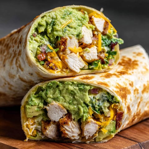 A chicken avocado wrap is shown on a table.