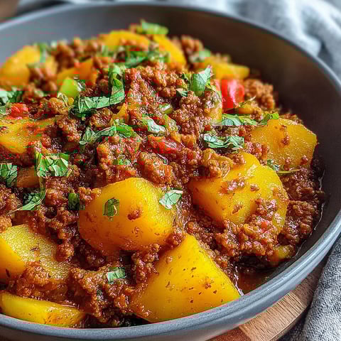 A bowl of aloo keema ground meat with potatoes.