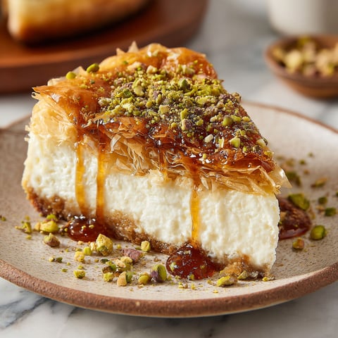 A slice of baklava cheesecake on a plate.