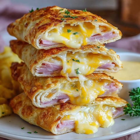 Air fryer ham cheese pockets stacked on a plate.