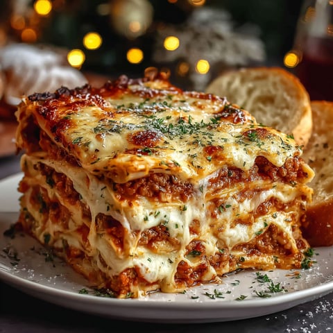 A delicious lasagna is served on a white plate.