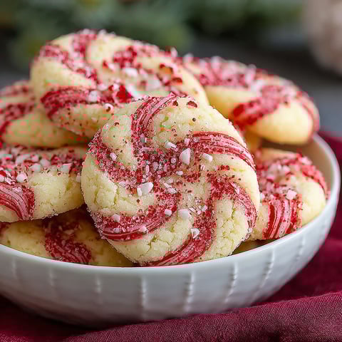 A bowl of candy cane cookies.